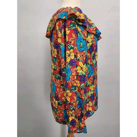 Vintage Silk Exchange 100% Silk Floral Tropical Hawaiian Ruffled Blouse Large - Picture 3 of 11